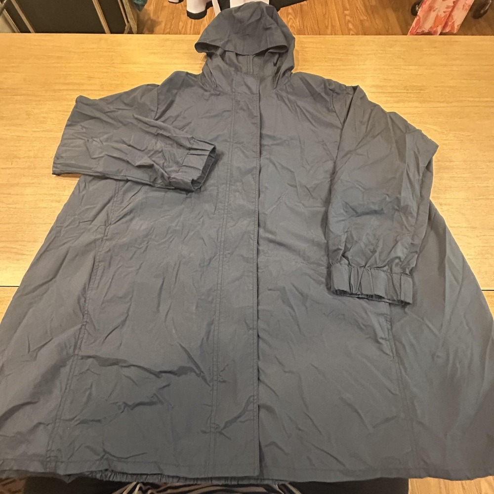 Pure Jill Coat Womens XL Blue Nylon Hooded‎ Long Lightweight Rain Zip Pockets